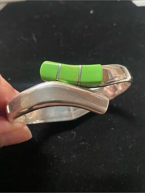 Sterling Silver Green Gaspeite Inlay Cuff Bracelet Mexico 925 ~58.4g
